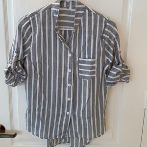 Black & white striped gauze button down blouse, with button up sleeves. New. L